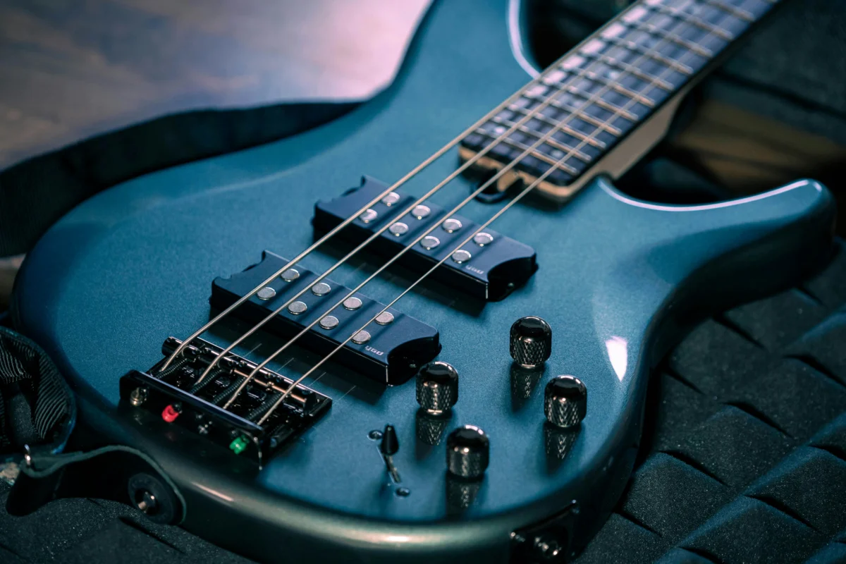 Close-up of an electric bass being played