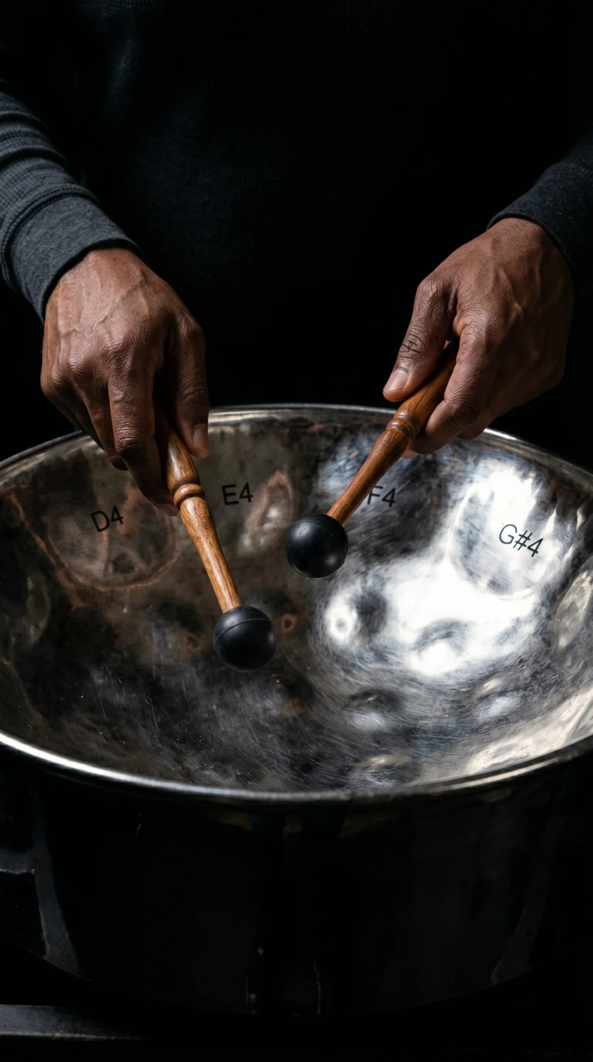 Close-up of a steel pan being played