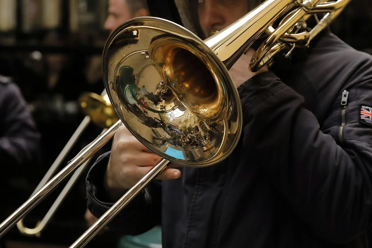 Close-up of a trombone being played