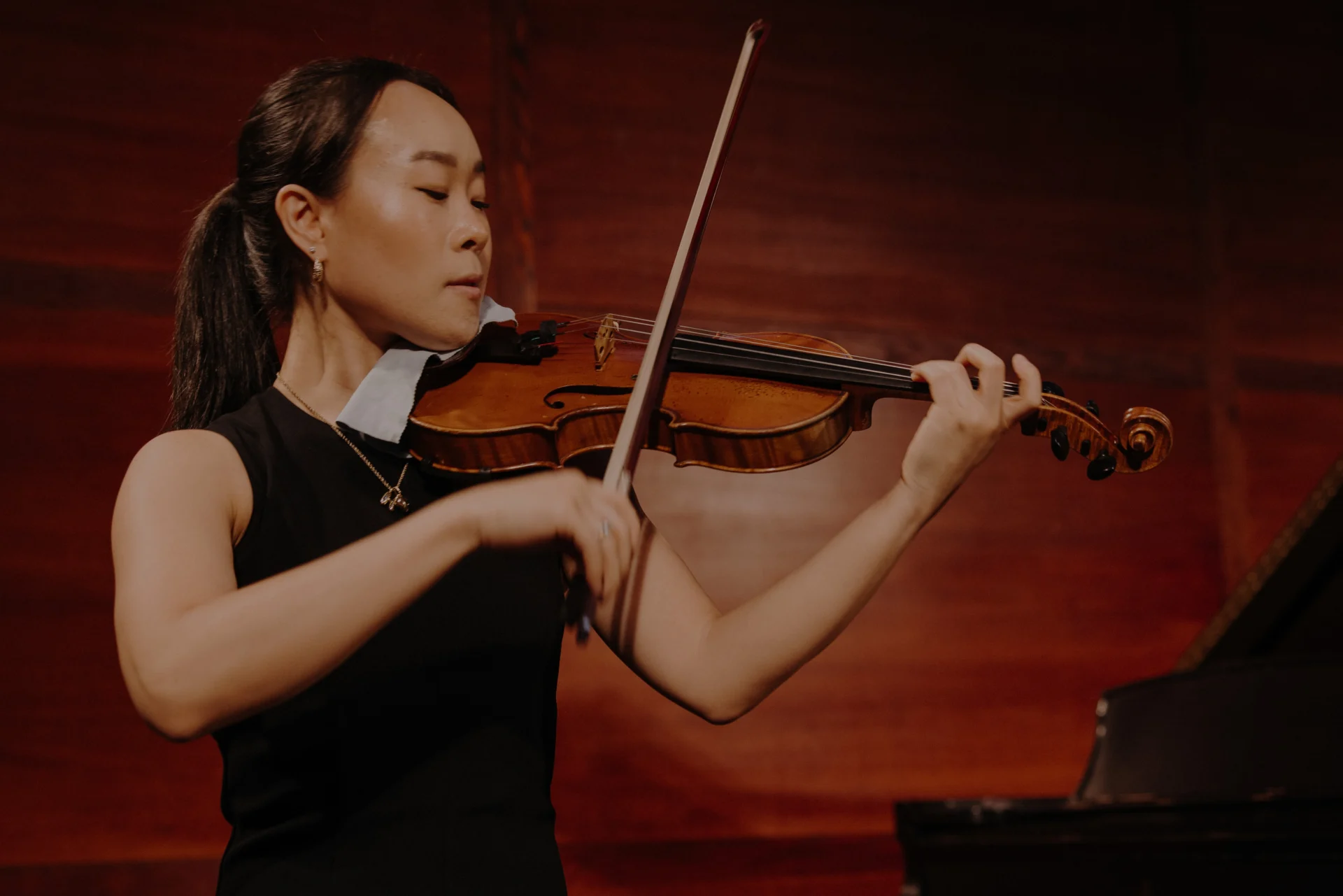 Violin shown in a performance or practice setting